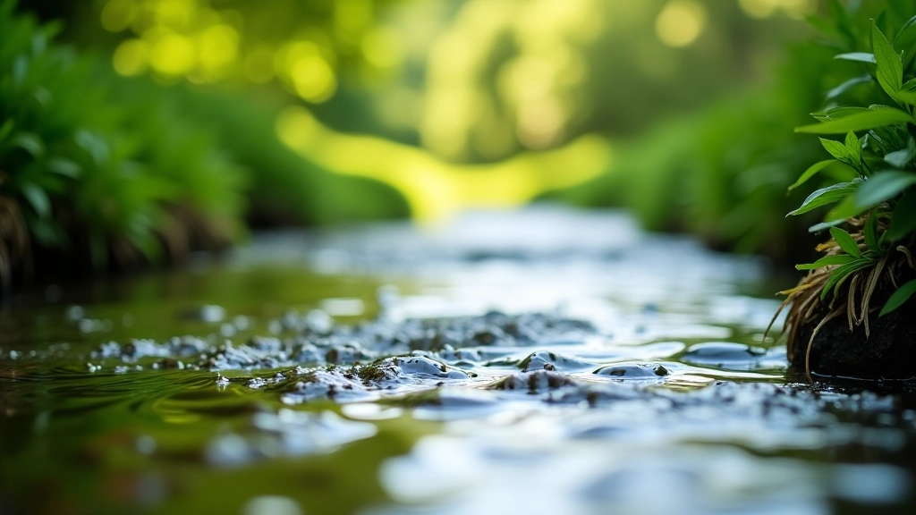 Close-up of river water with sunlight reflecting, peaceful flowing water with vegetation at banks