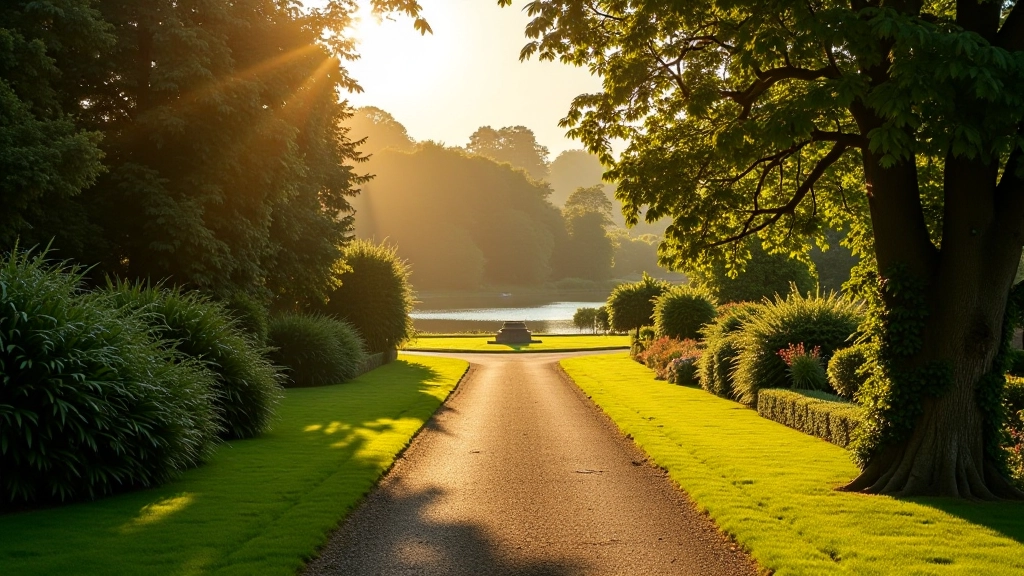 Manicured estate grounds with pathways