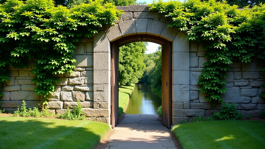 Stone wall entrance to Lismore's historic walled gardens with climbing ivy