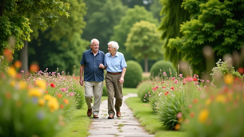 Retired couple walking through estate gardens