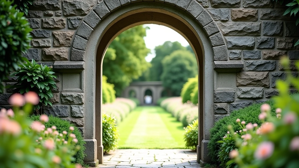 Arched gateway framing view into another garden room with flowering borders