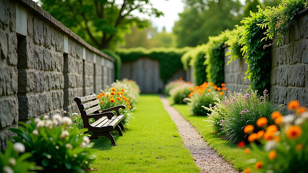 Walled garden bench area with stone walls and flowering plants surrounding the seating