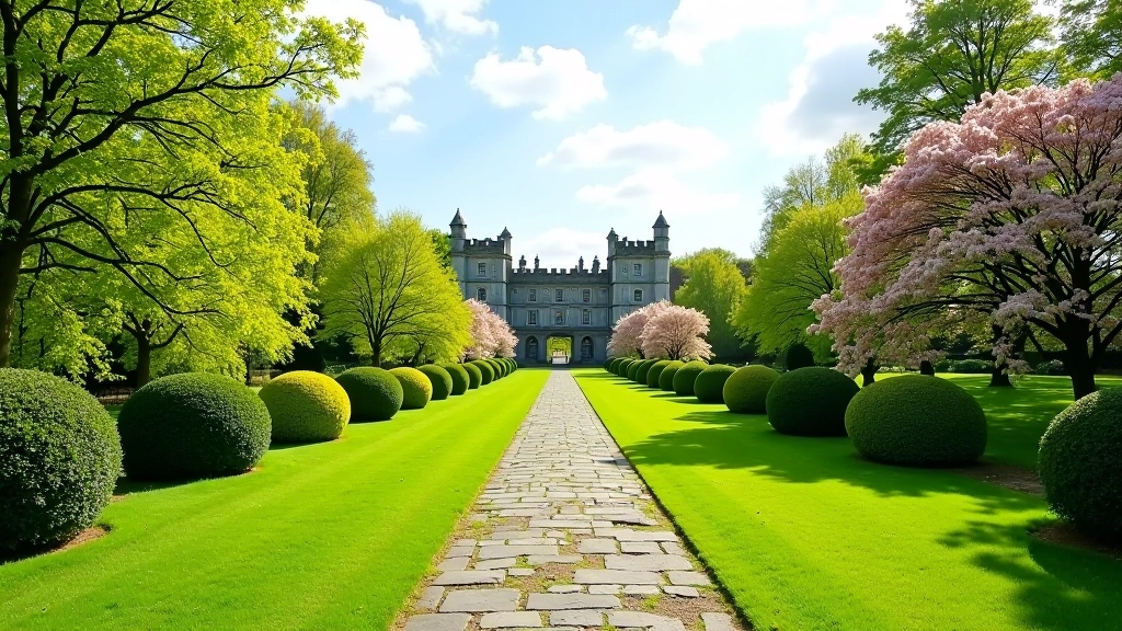 Castle estate grounds in spring with green lawns and flowering trees