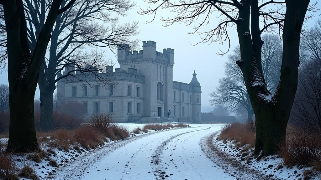 Winter castle view with bare trees, architectural details clearly visible, stone pathways dry and clear