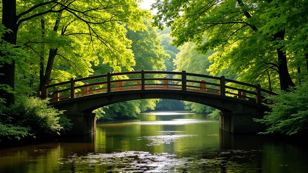 Wooden bridge over the river with railings, dappled sunlight through trees, peaceful water below